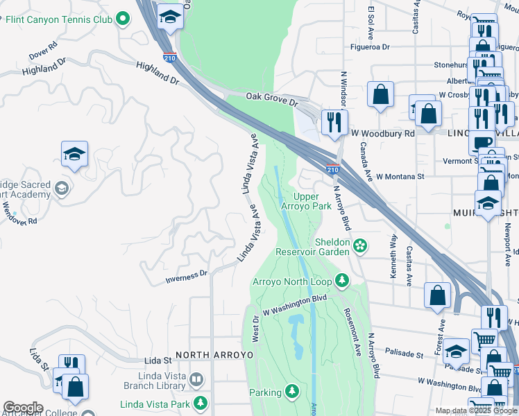 map of restaurants, bars, coffee shops, grocery stores, and more near 1918 Linda Vista Avenue in Pasadena