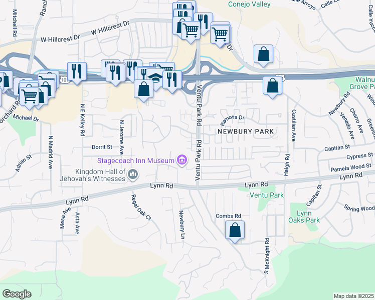 map of restaurants, bars, coffee shops, grocery stores, and more near 33 Secret Hollow Lane in Thousand Oaks