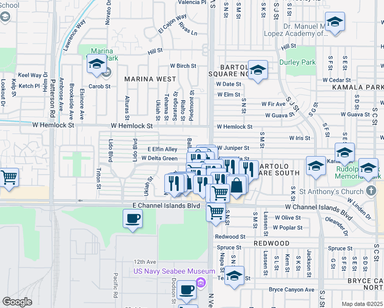 map of restaurants, bars, coffee shops, grocery stores, and more near 2704 Balboa Street in Port Hueneme