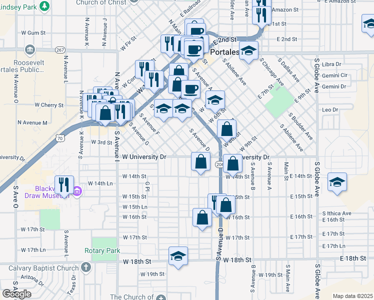 map of restaurants, bars, coffee shops, grocery stores, and more near 608 South Avenue East in Portales