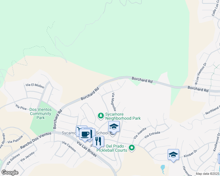 map of restaurants, bars, coffee shops, grocery stores, and more near 25 Via Magnolia in Thousand Oaks
