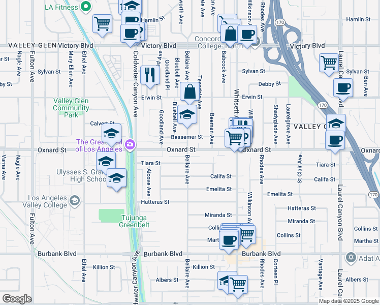 map of restaurants, bars, coffee shops, grocery stores, and more near 12660 Oxnard Street in Los Angeles