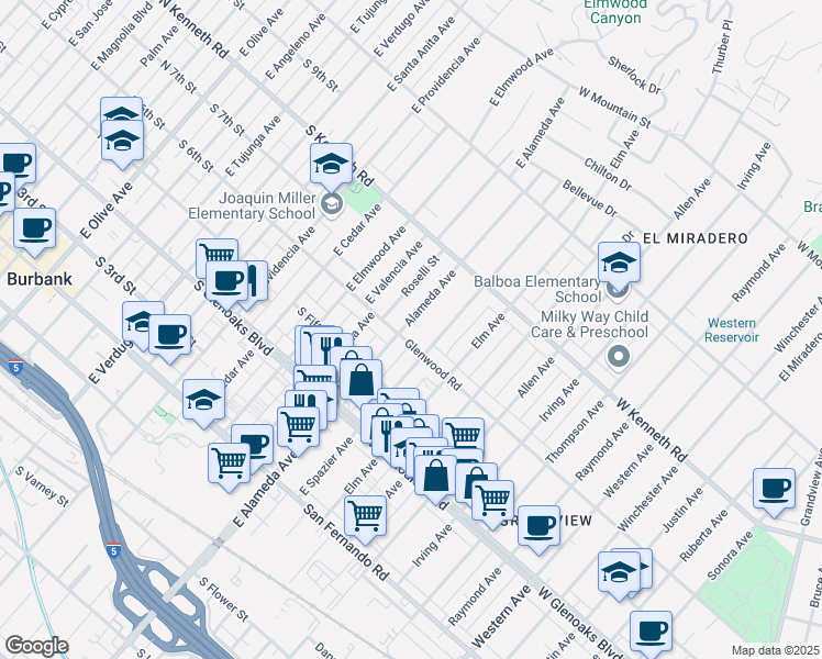 map of restaurants, bars, coffee shops, grocery stores, and more near 1208 Alameda Avenue in Glendale
