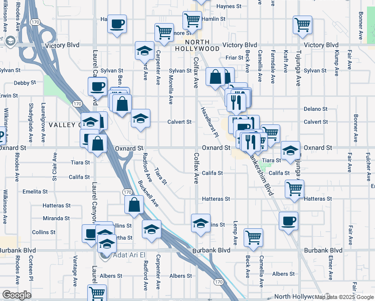 map of restaurants, bars, coffee shops, grocery stores, and more near 5954 Simpson Avenue in Los Angeles