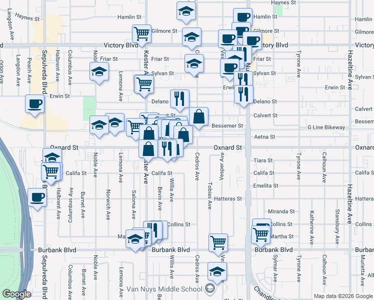 map of restaurants, bars, coffee shops, grocery stores, and more near 14722 Oxnard Street in Los Angeles