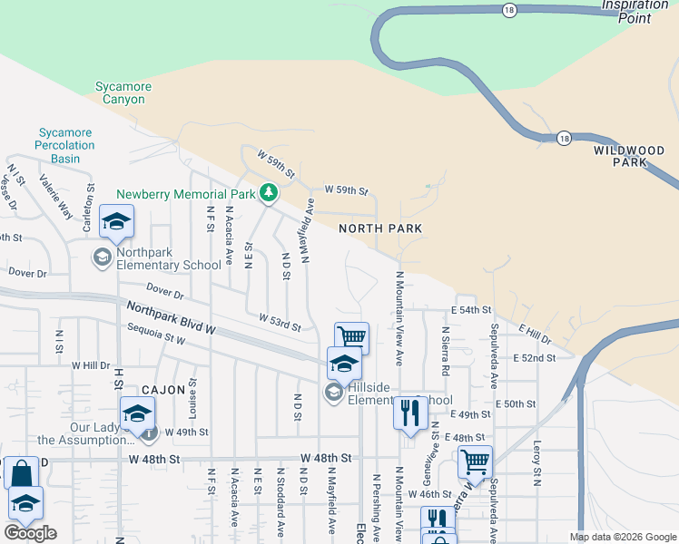 map of restaurants, bars, coffee shops, grocery stores, and more near 5494 Electric Avenue North in San Bernardino