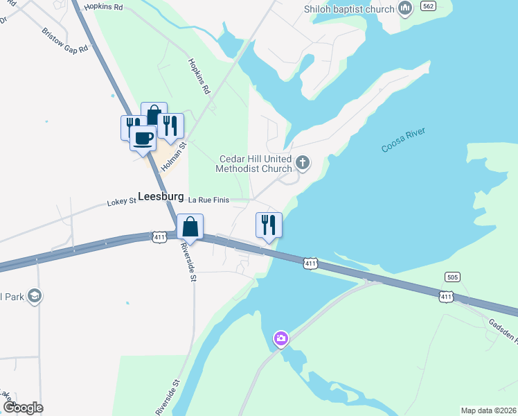 map of restaurants, bars, coffee shops, grocery stores, and more near 901919 Splawn Street in Leesburg