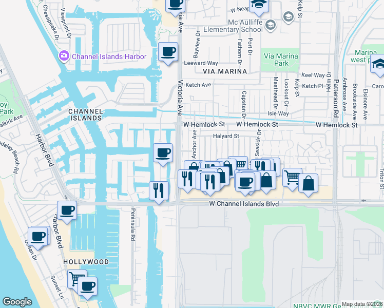 map of restaurants, bars, coffee shops, grocery stores, and more near 2585 Anchor Avenue in Port Hueneme