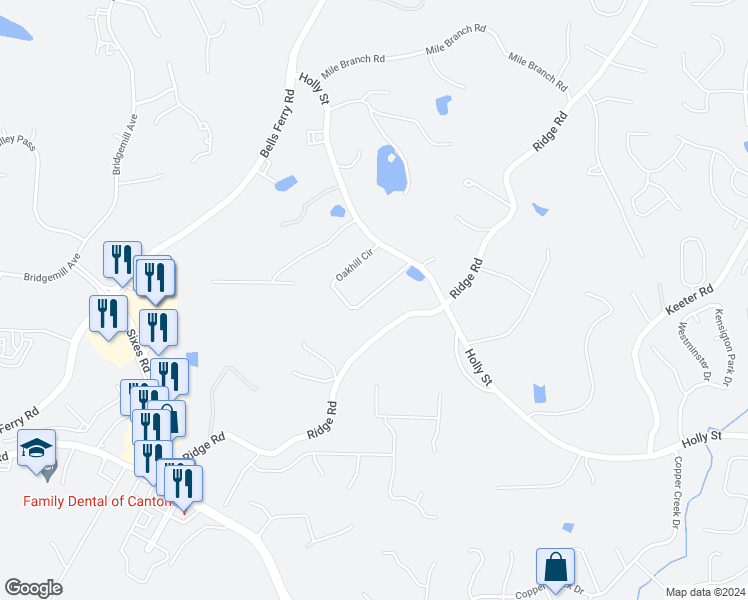 map of restaurants, bars, coffee shops, grocery stores, and more near 420 Oak Hill Circle in Canton