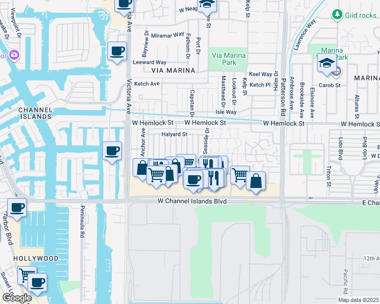 map of restaurants, bars, coffee shops, grocery stores, and more near 2584 Sextant Avenue in Port Hueneme