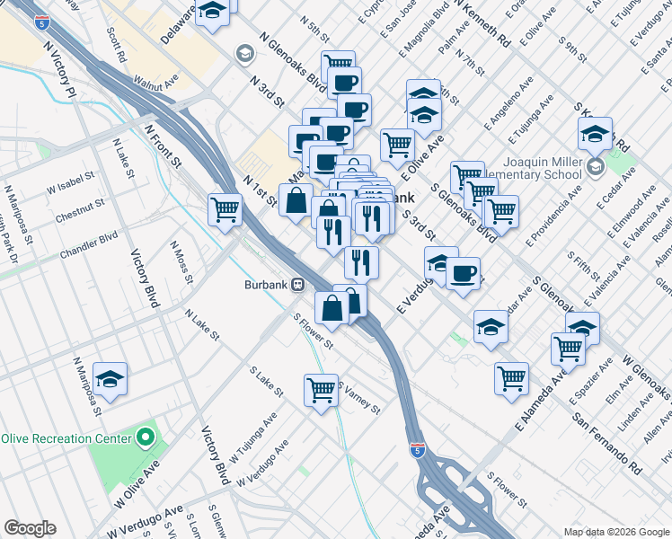 map of restaurants, bars, coffee shops, grocery stores, and more near 101 South First Street in Burbank