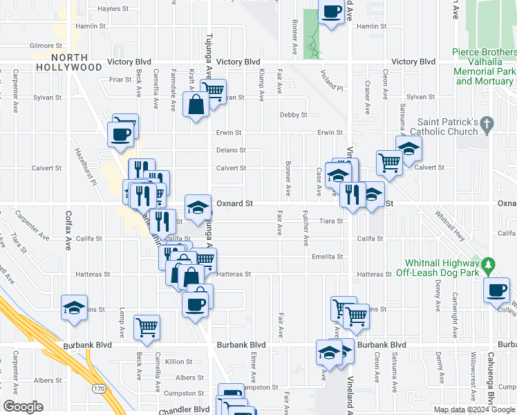 map of restaurants, bars, coffee shops, grocery stores, and more near 11238 Oxnard Street in Los Angeles
