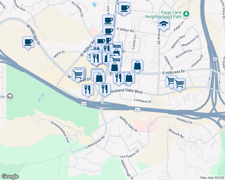 map of restaurants, bars, coffee shops, grocery stores, and more near 121 Thousand Oaks Boulevard in Thousand Oaks
