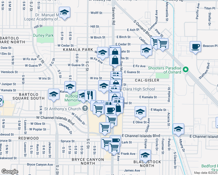 map of restaurants, bars, coffee shops, grocery stores, and more near 2055 Saviers Road in Oxnard
