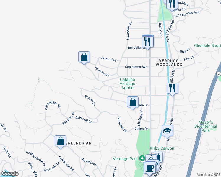 map of restaurants, bars, coffee shops, grocery stores, and more near 1440 Wabasso Way in Glendale