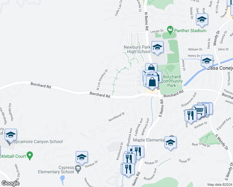 map of restaurants, bars, coffee shops, grocery stores, and more near 3958 Coronado Circle in Thousand Oaks