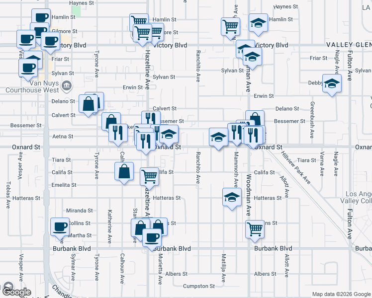 map of restaurants, bars, coffee shops, grocery stores, and more near 13942 Oxnard Street in Los Angeles