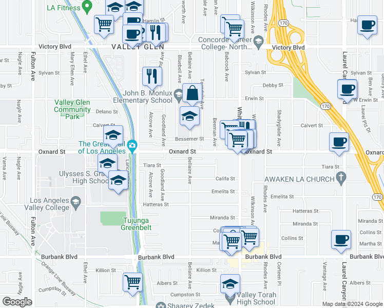 map of restaurants, bars, coffee shops, grocery stores, and more near 12660 Oxnard Street in Los Angeles