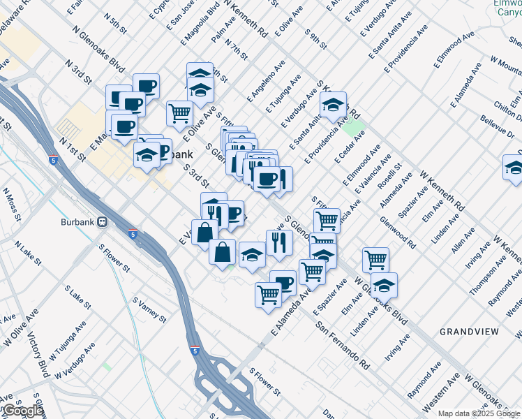 map of restaurants, bars, coffee shops, grocery stores, and more near 337 East Providencia Avenue in Burbank