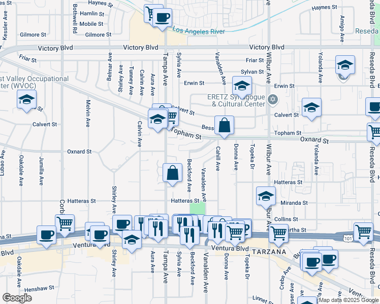 map of restaurants, bars, coffee shops, grocery stores, and more near 19166 West Oxnard Street in Los Angeles