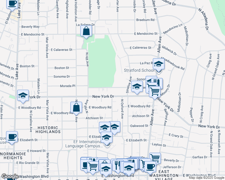 map of restaurants, bars, coffee shops, grocery stores, and more near 1578 Morada Place in Altadena