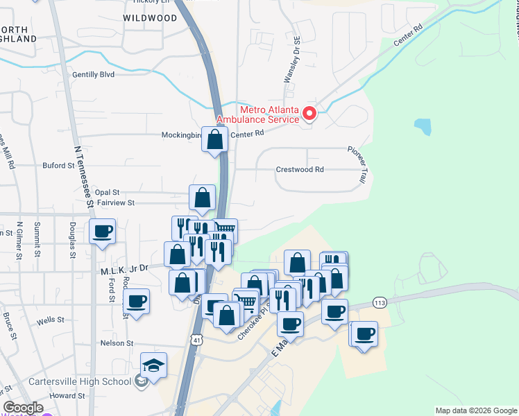 map of restaurants, bars, coffee shops, grocery stores, and more near 33 Corinth Road in Cartersville