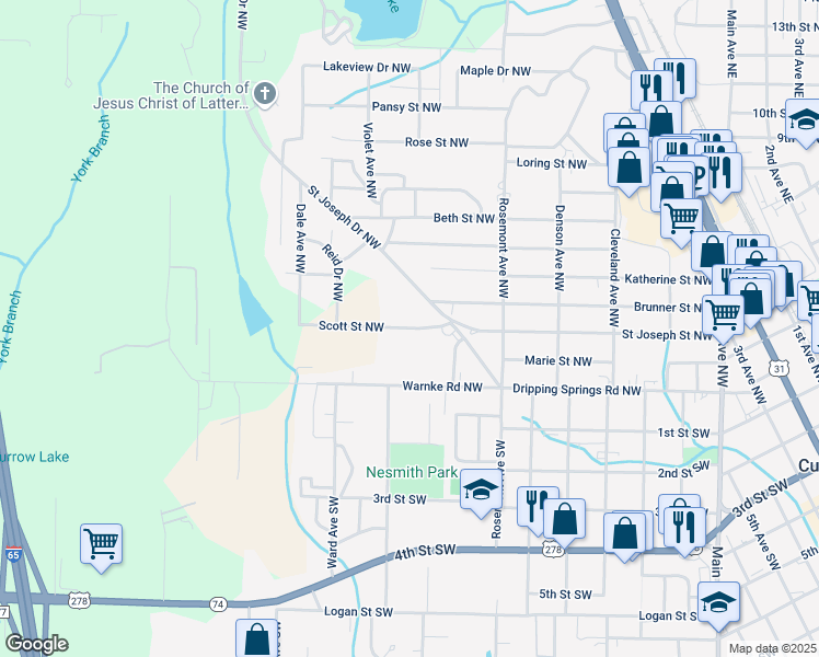 map of restaurants, bars, coffee shops, grocery stores, and more near 1526 Scott Street Northwest in Cullman