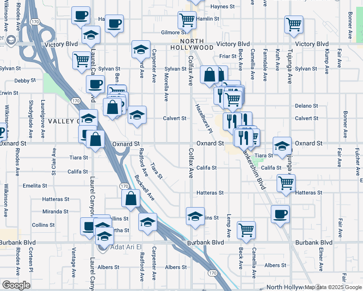 map of restaurants, bars, coffee shops, grocery stores, and more near 5954 Simpson Avenue in Los Angeles