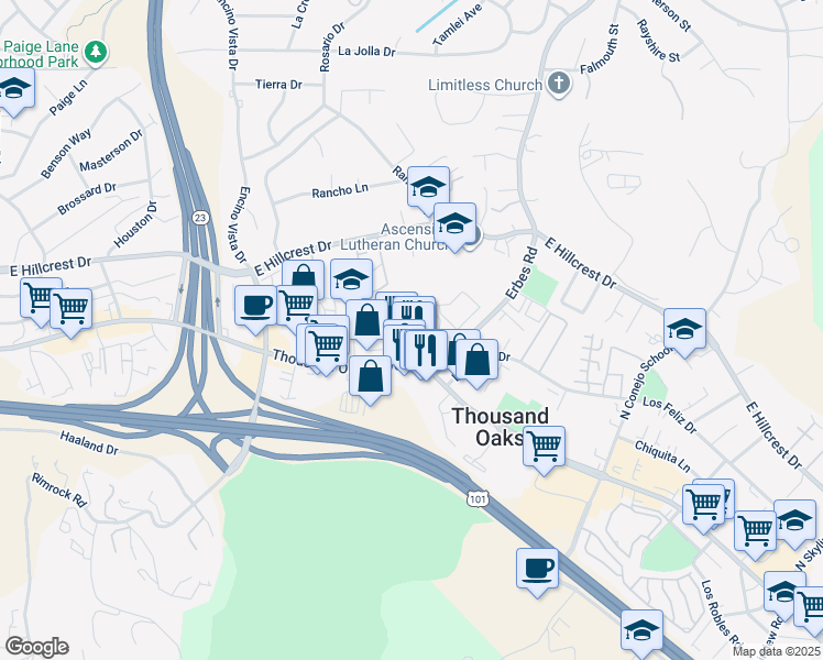 map of restaurants, bars, coffee shops, grocery stores, and more near 56 Maegan Place in Thousand Oaks