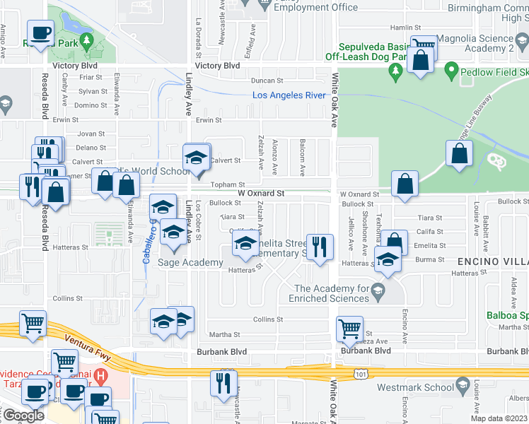 map of restaurants, bars, coffee shops, grocery stores, and more near 6006 Zelzah Avenue in Los Angeles