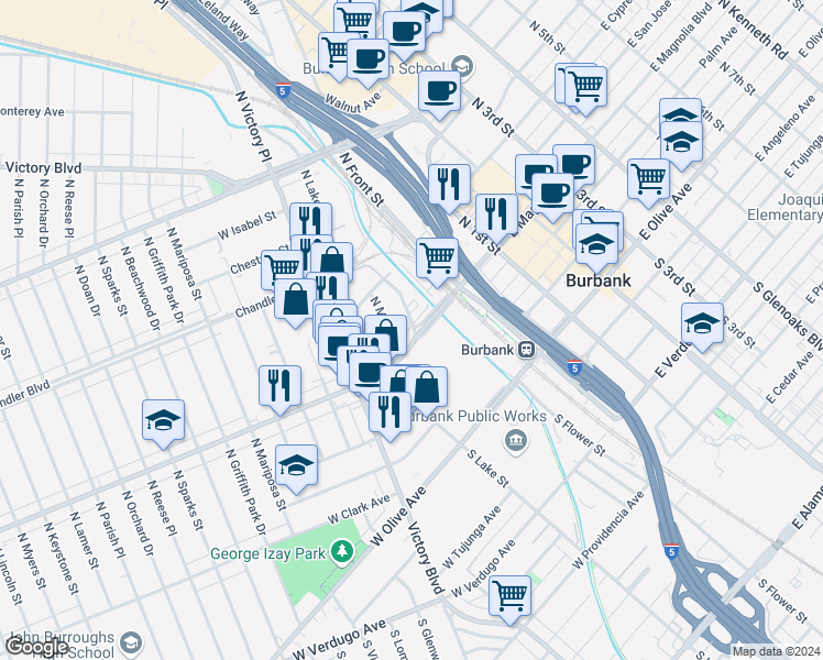 map of restaurants, bars, coffee shops, grocery stores, and more near 426 North Varney Street in Burbank