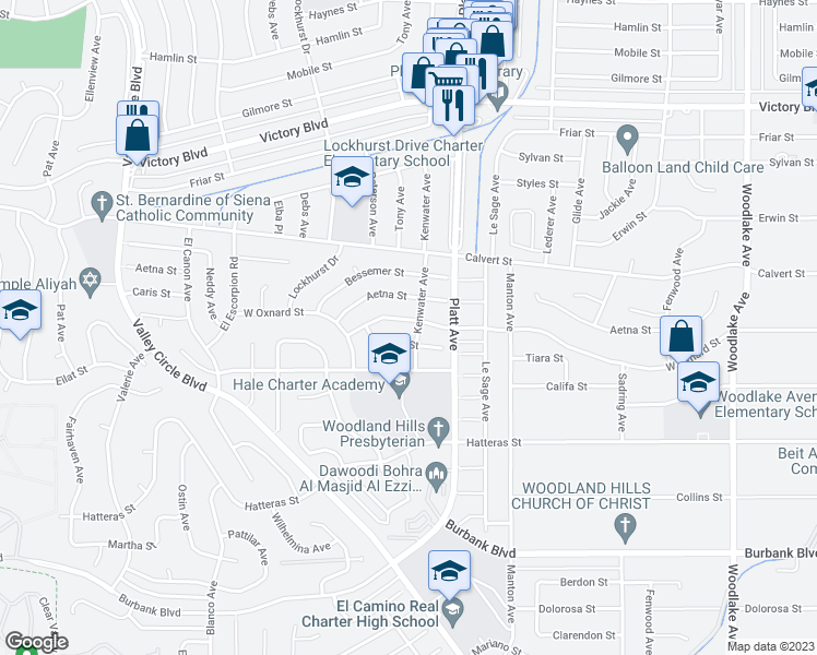 map of restaurants, bars, coffee shops, grocery stores, and more near 23804 Oxnard Street in Los Angeles