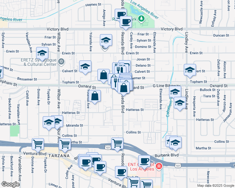 map of restaurants, bars, coffee shops, grocery stores, and more near 5973 Reseda Boulevard in Los Angeles