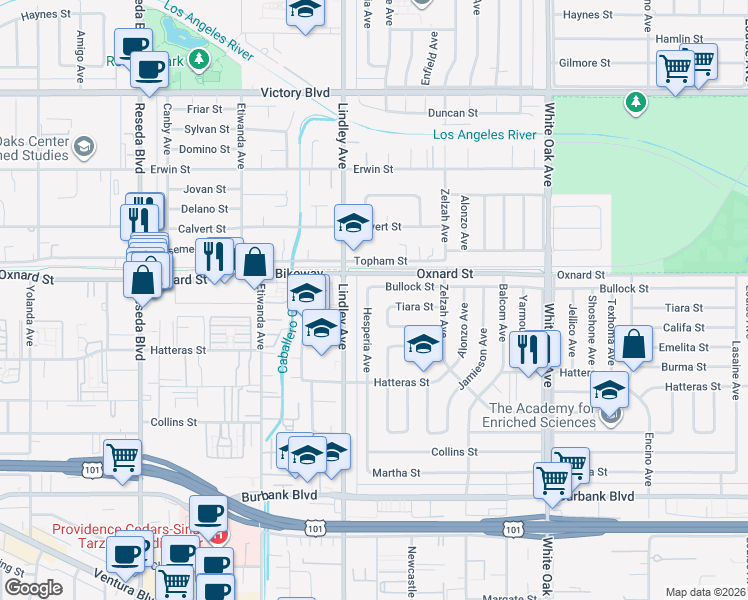map of restaurants, bars, coffee shops, grocery stores, and more near 5948 Hesperia Avenue in Los Angeles