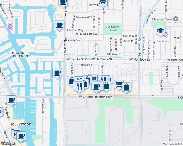 map of restaurants, bars, coffee shops, grocery stores, and more near 2587 Sextant Avenue in Port Hueneme