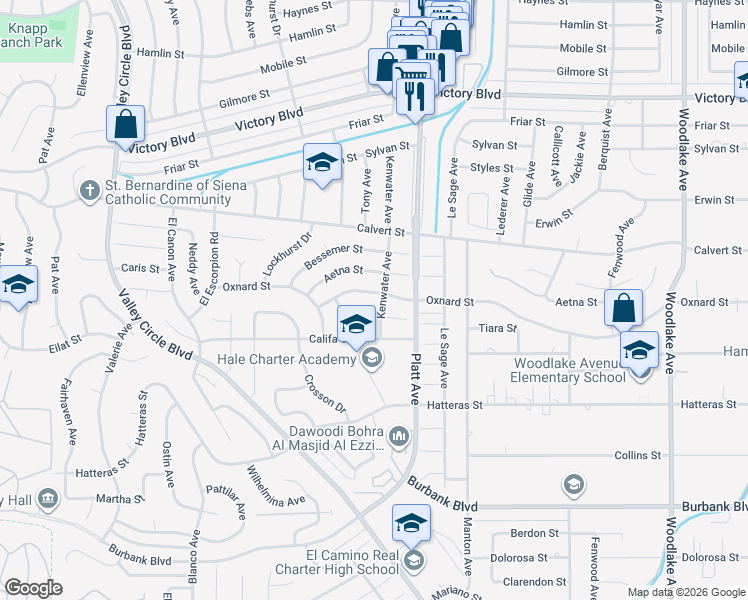 map of restaurants, bars, coffee shops, grocery stores, and more near 23804 Oxnard Street in Los Angeles