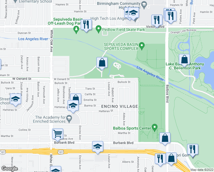 map of restaurants, bars, coffee shops, grocery stores, and more near 6010 Lasaine Avenue in Los Angeles