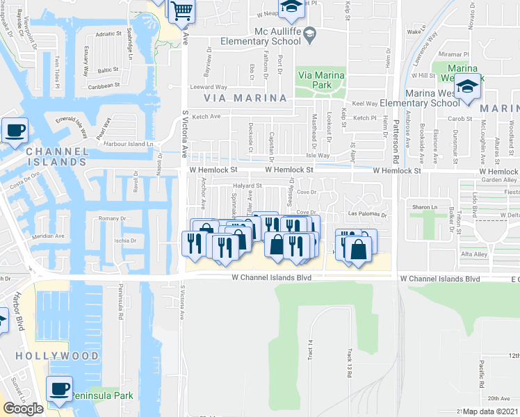 map of restaurants, bars, coffee shops, grocery stores, and more near 2587 Sextant Avenue in Port Hueneme