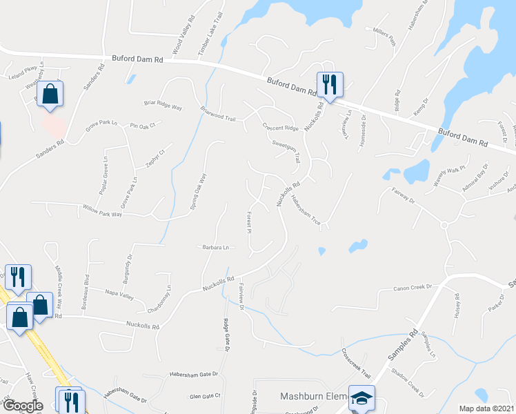map of restaurants, bars, coffee shops, grocery stores, and more near 4201 Oak Walk South in Cumming