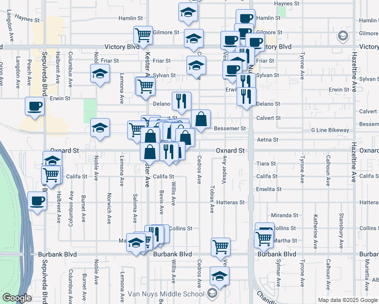 map of restaurants, bars, coffee shops, grocery stores, and more near 14722 Oxnard Street in Los Angeles