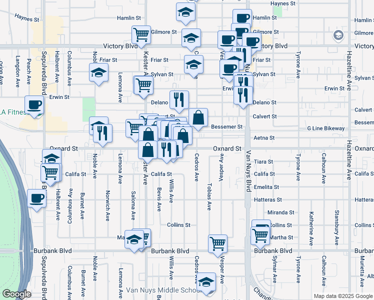 map of restaurants, bars, coffee shops, grocery stores, and more near 14722 Oxnard Street in Los Angeles