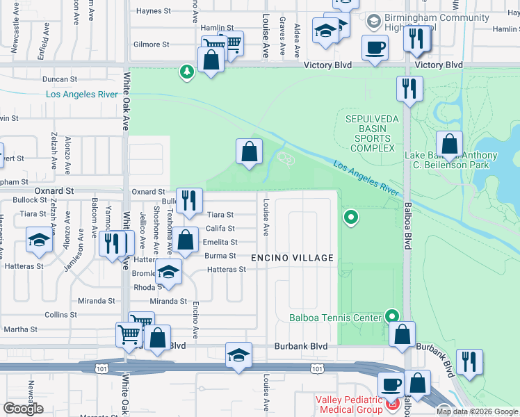 map of restaurants, bars, coffee shops, grocery stores, and more near 6010 Lasaine Avenue in Los Angeles