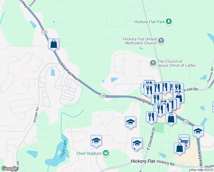 map of restaurants, bars, coffee shops, grocery stores, and more near 5691 Hickory Flat Highway in Canton