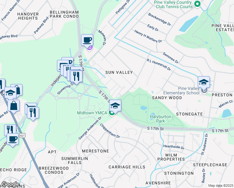 map of restaurants, bars, coffee shops, grocery stores, and more near Cross City Trail in Wilmington