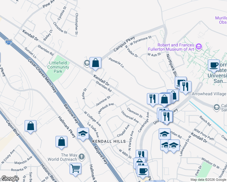 map of restaurants, bars, coffee shops, grocery stores, and more near 2144 Sheridan Road in San Bernardino