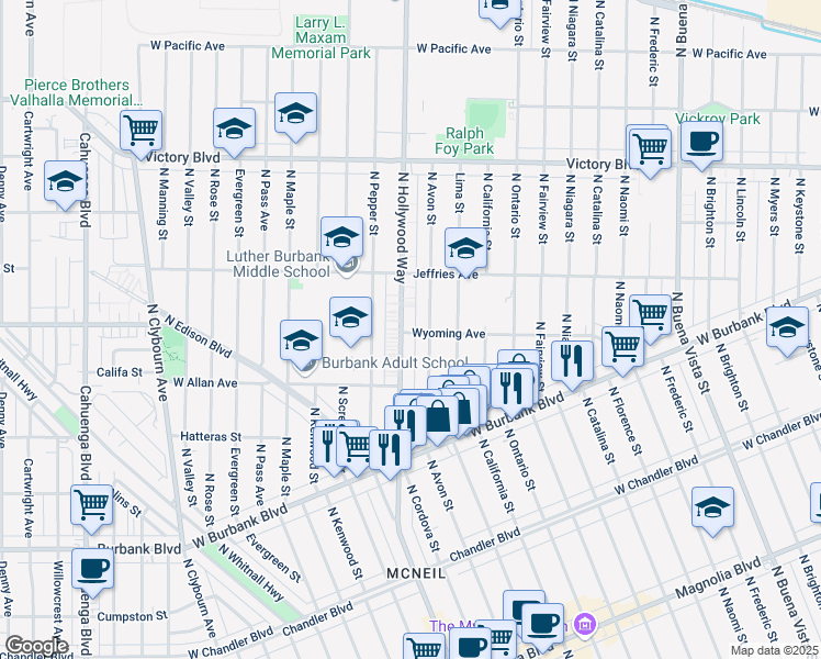 map of restaurants, bars, coffee shops, grocery stores, and more near 3406 Wyoming Avenue in Burbank