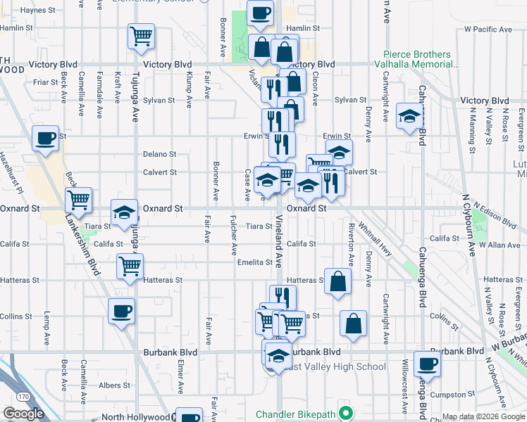 map of restaurants, bars, coffee shops, grocery stores, and more near 11020 Oxnard Street in Los Angeles