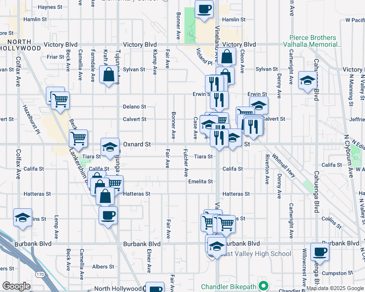 map of restaurants, bars, coffee shops, grocery stores, and more near 11133 Tiara Street in Los Angeles