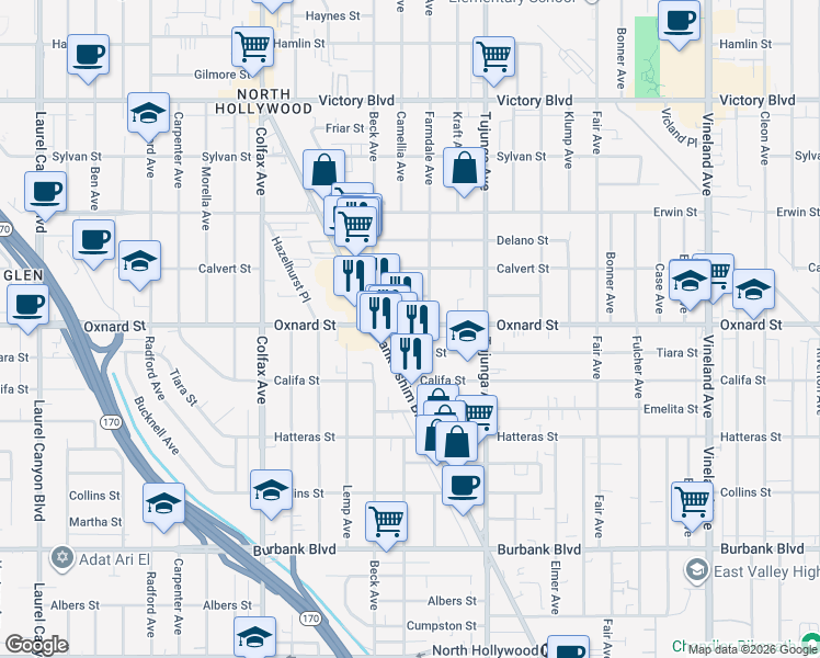 map of restaurants, bars, coffee shops, grocery stores, and more near 11470 Oxnard Street in Los Angeles