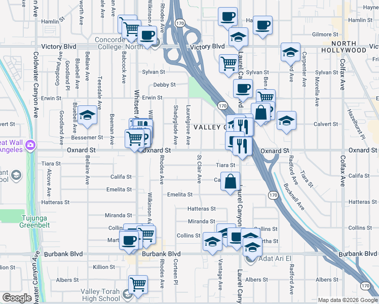 map of restaurants, bars, coffee shops, grocery stores, and more near 12302 Oxnard Street in Los Angeles